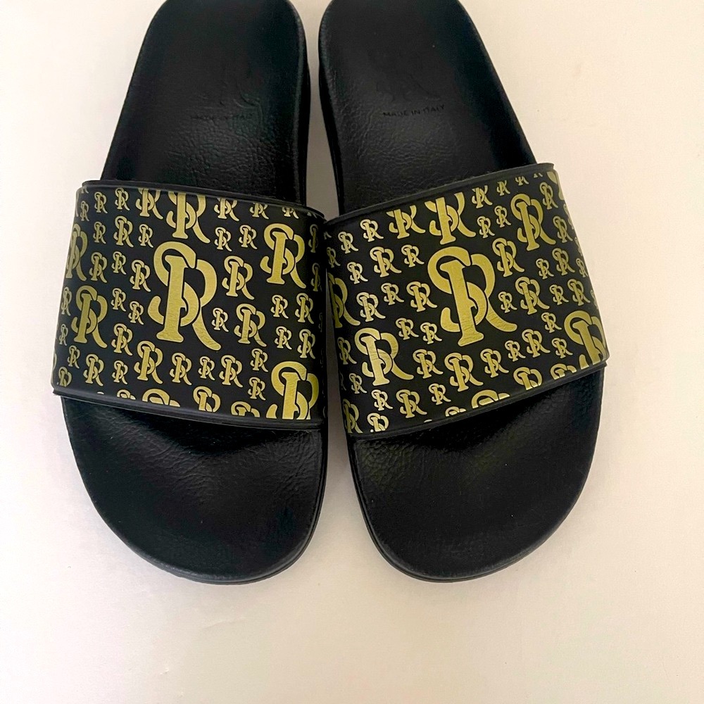 Stefano Ricci Black and Gold Patterned Slide Sandals